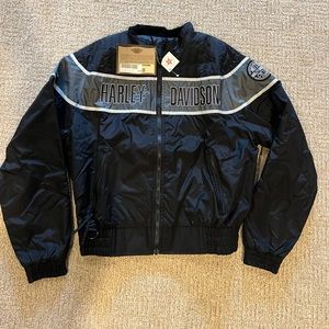 New With Tags Harley Davidson Black Gray Stripe Nylon Motorcycle Jacket Large